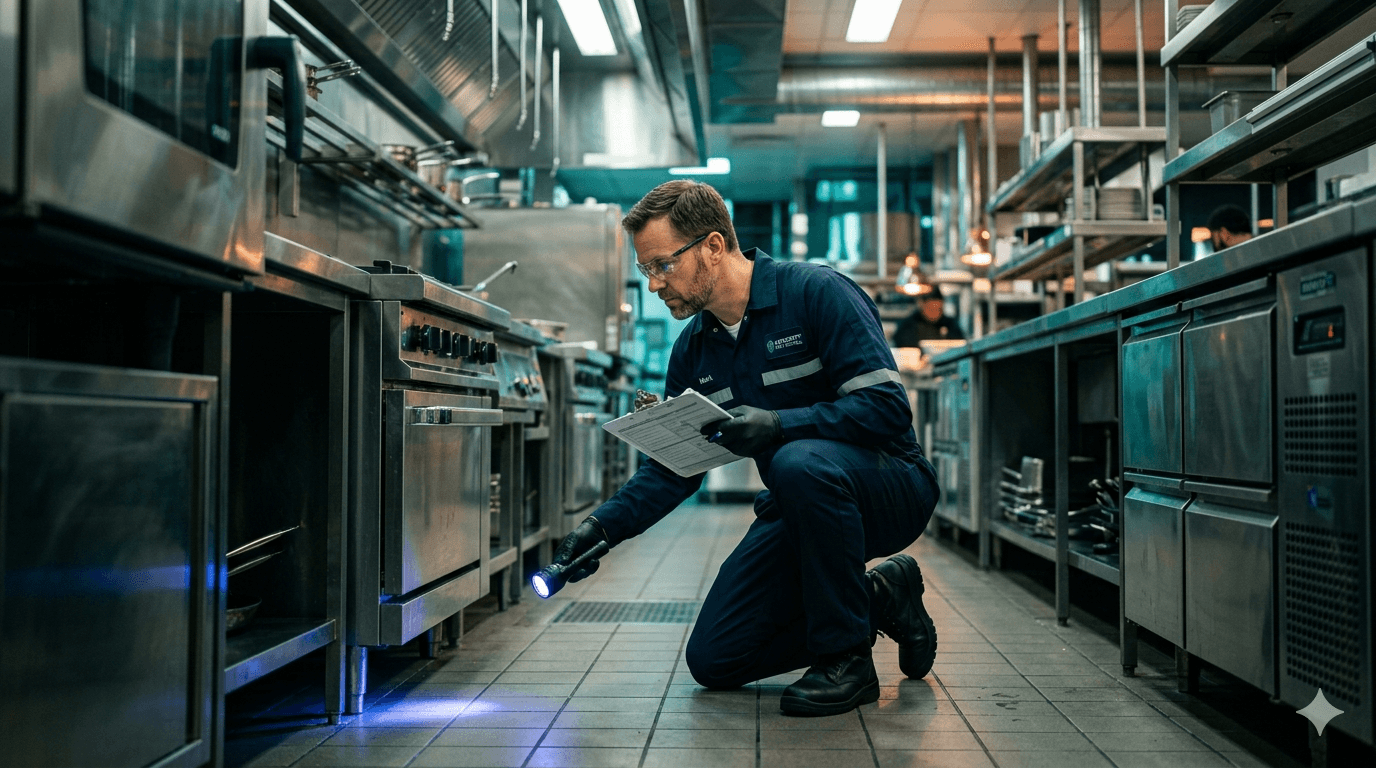 Technicien en lutte antiparasitaire inspecte une cuisine professionnelle