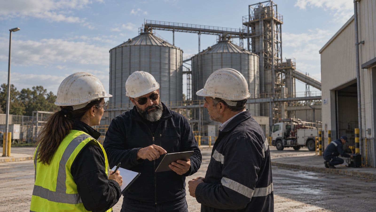 Professionnels analysant les risques parasitaires sur un site industriel